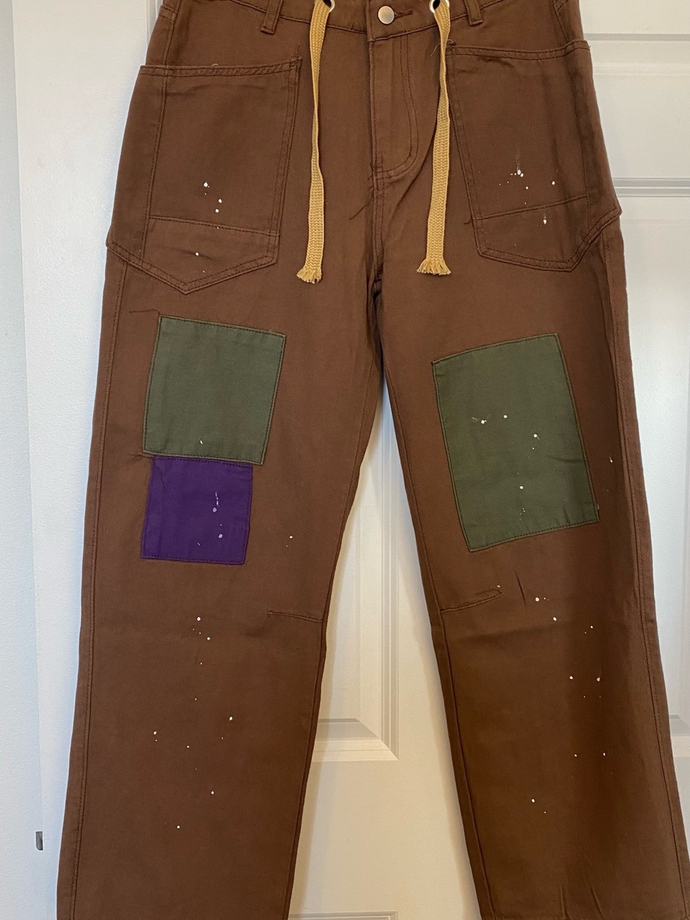 Brown Patchwork Jeans with Olive & Purple Accents